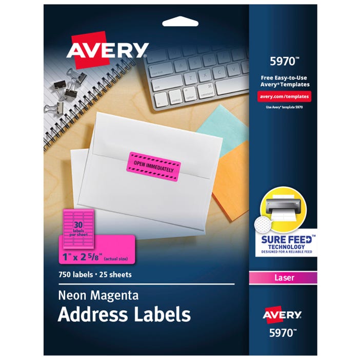 Avery Permanent Laser Labels, 1 x 2-5/8 Inches, Neon Magenta, Pack of 750