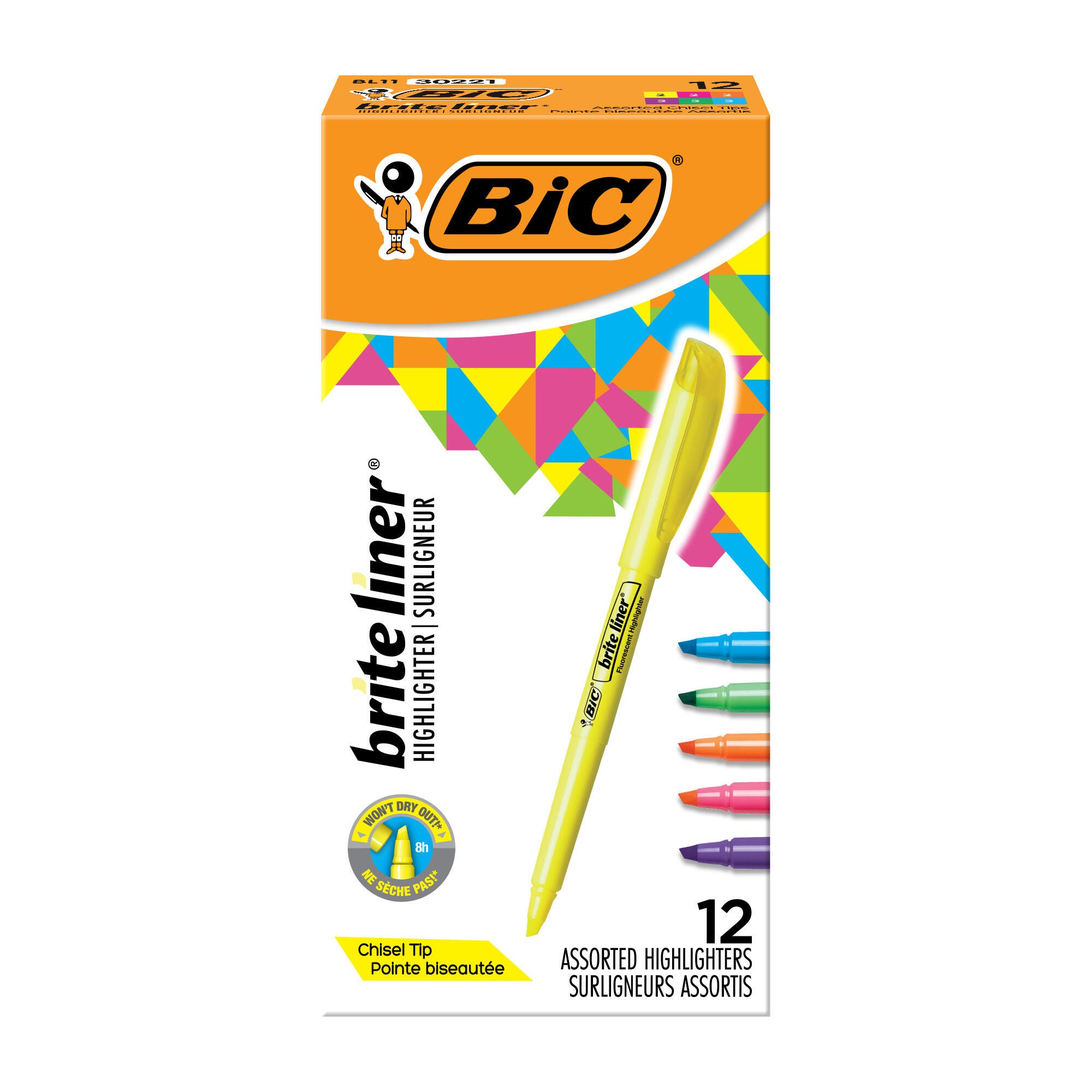 Image for BIC Brite Liner Pocket Style Highlighter, Chisel Tip, Assorted Colors, Set of 12 from School Specialty