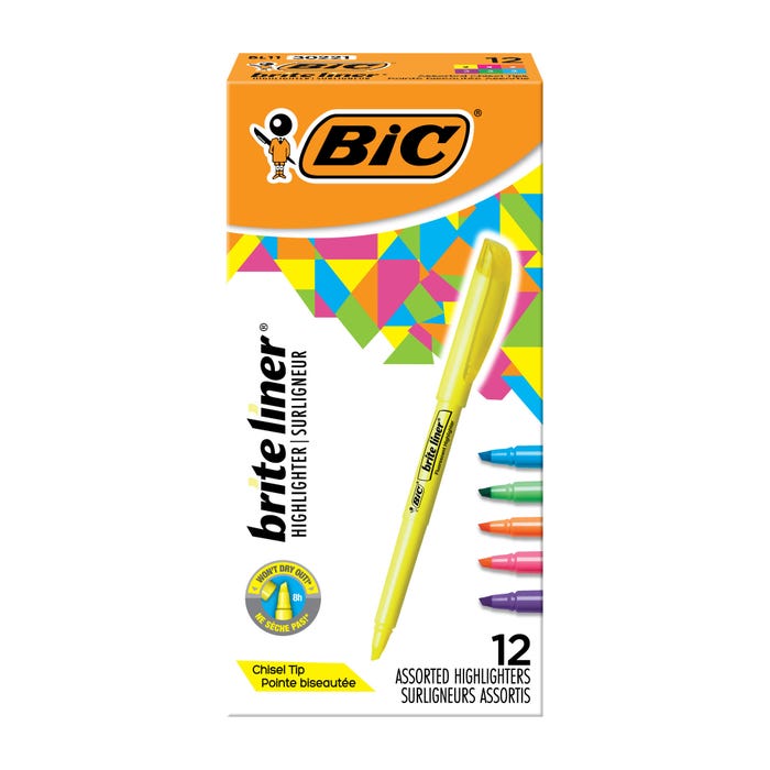 BIC Brite Liner Pocket Style Highlighter, Chisel Tip, Assorted Colors, Set of 12