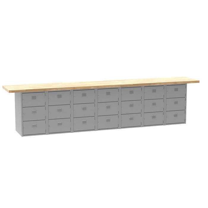 Diversified Spaces Wall and Island Bench with 21 Horizontal Lockers, 144 x 24 x 32-3/4 Inches, Maple Top, Gray Base