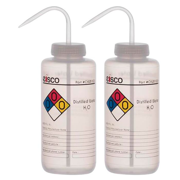 Eisco Labs Distilled Water Wash Bottle, 1000 mL, Wide Mouth, LDPE (4 color), Pack of 2