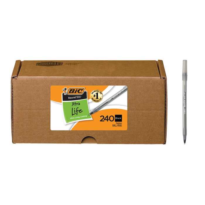 BIC Round Stic Xtra Life Ballpoint Pens, 1.0mm, Medium Point, Black, Pack of 240