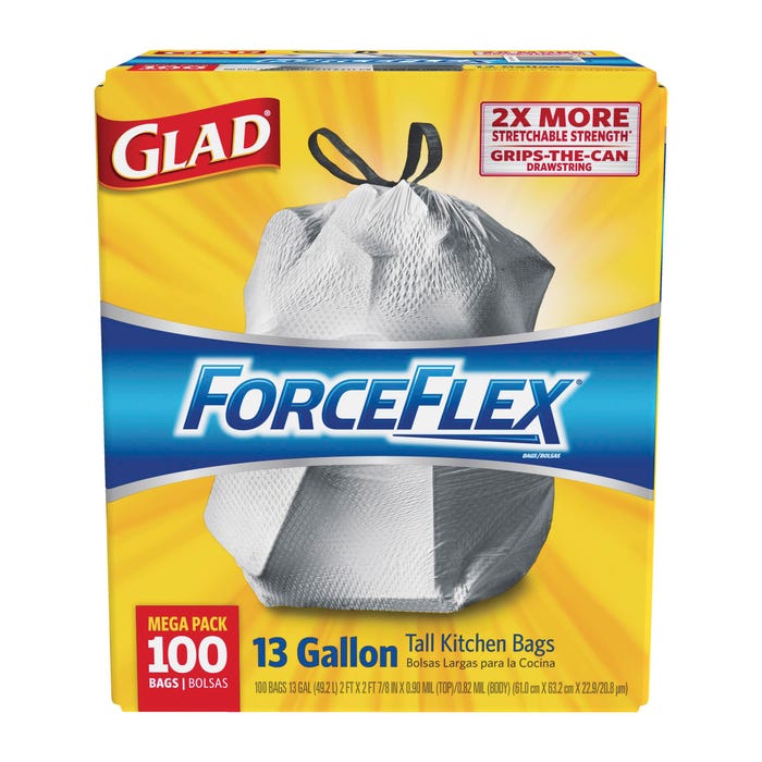 Glad ForceFlex Drawstring Tall Trash Bags, 13 Gallon, OdorShield, Gray, 100 Count Box