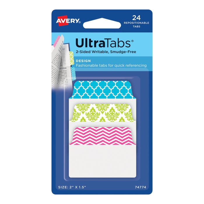 Avery Repositionable UltraTabs, 2 x 1-1/2 Inches, Assorted Patterns, Set of 24