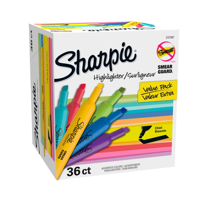 Sharpie Tank Style Highlighters, Chisel Tip, Assorted Colors, Pack of 36