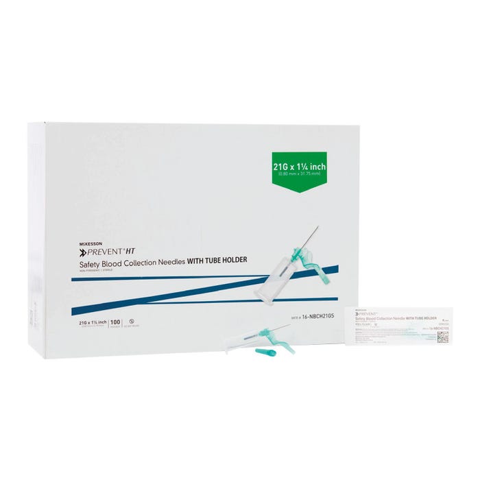 McKesson Prevent HT Blood Collection Needles with Tube Holders, 21 Gauge, 1-1/4 Inch Needle, Pack of 100