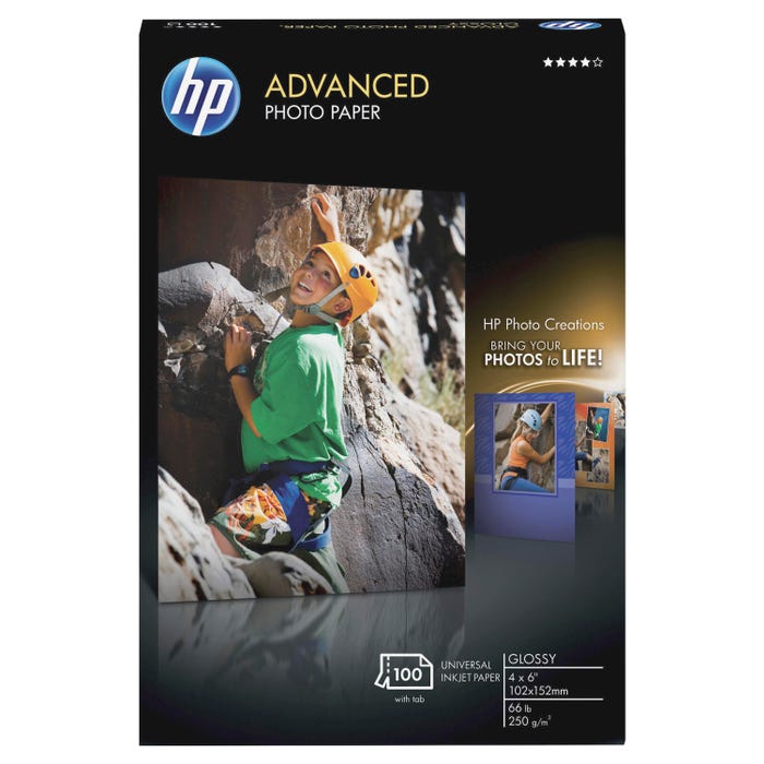HP Advanced Glossy Photo Paper, 4 x 6 Inches, 10.5 mil, 66 lb, White, 100 Sheets