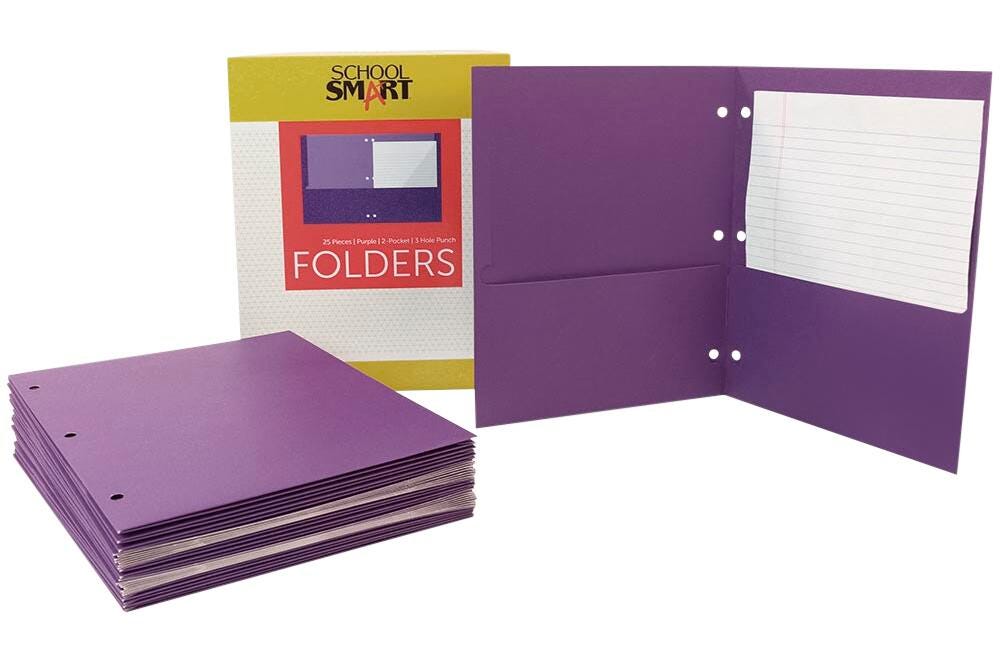 School Smart 2-Pocket Folders, Letter Size, 3 Hole Punched, Purple, Pack of 25 2136638