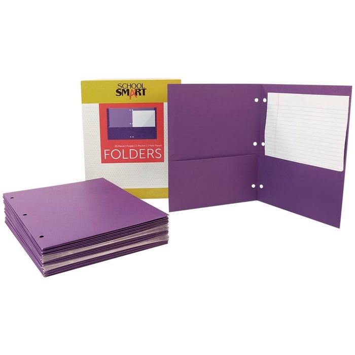 School Smart 2-Pocket Folders, Letter Size, 3 Hole Punched, Purple, Pack of 25