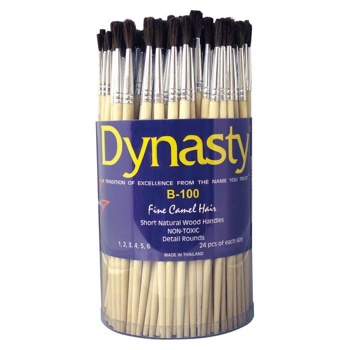 Dynasty Brush B-100 Fine Camel Hair Brushes, Short Wood Handles, Assorted Sizes, Brown, Set of 144