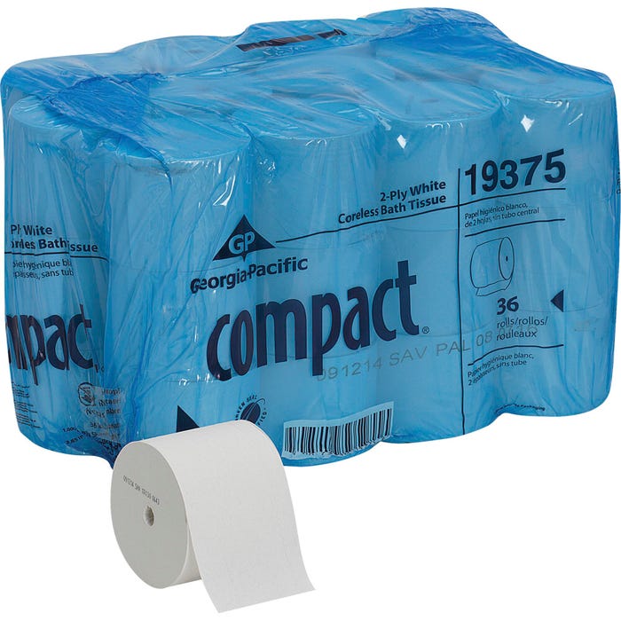 Compact Coreless 2-Ply Toilet Paper, White, Pack of 36