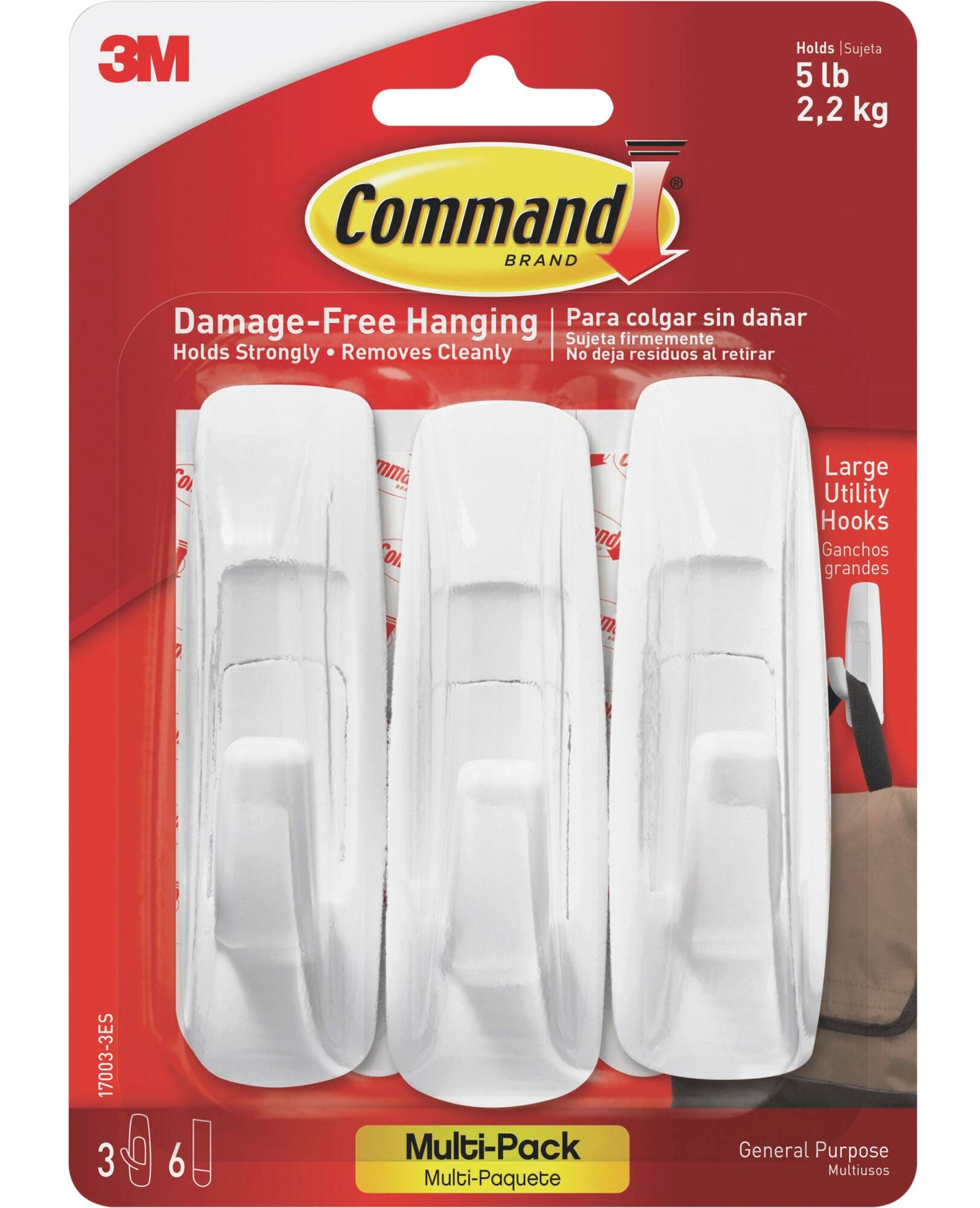 Command Utility Hook Adhesive Strips, Large, 5 lb, White, Pack of 3 2133417