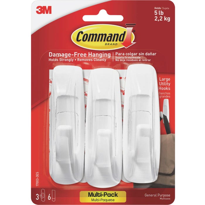 Command Utility Hooks with Adhesive Strips, Large, 5 Pound Capacity, White, Pack of 3