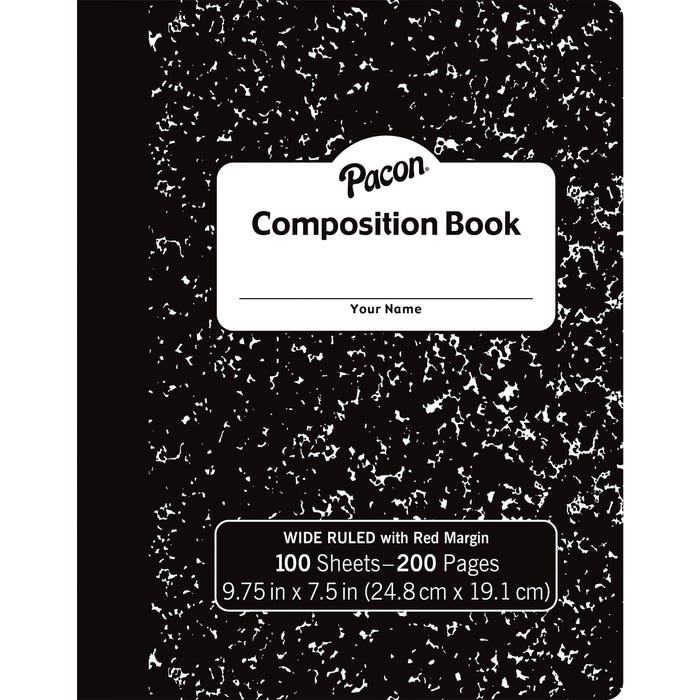 Pacon Composition Book, 9-3/4 x 7-1/2 Inches, Wide Ruled, 100 Sheets, Black Marble