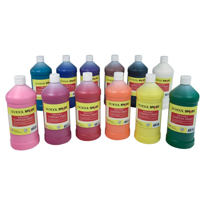 School Smart Washable Tempera Paints, Assorted Colors, Quart Set of 12