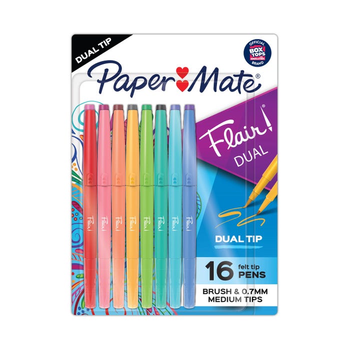 Paper Mate Flair DUAL Pens, Brush and Medium Tips, 0.7 mm, Assorted Colors, Pack of 16