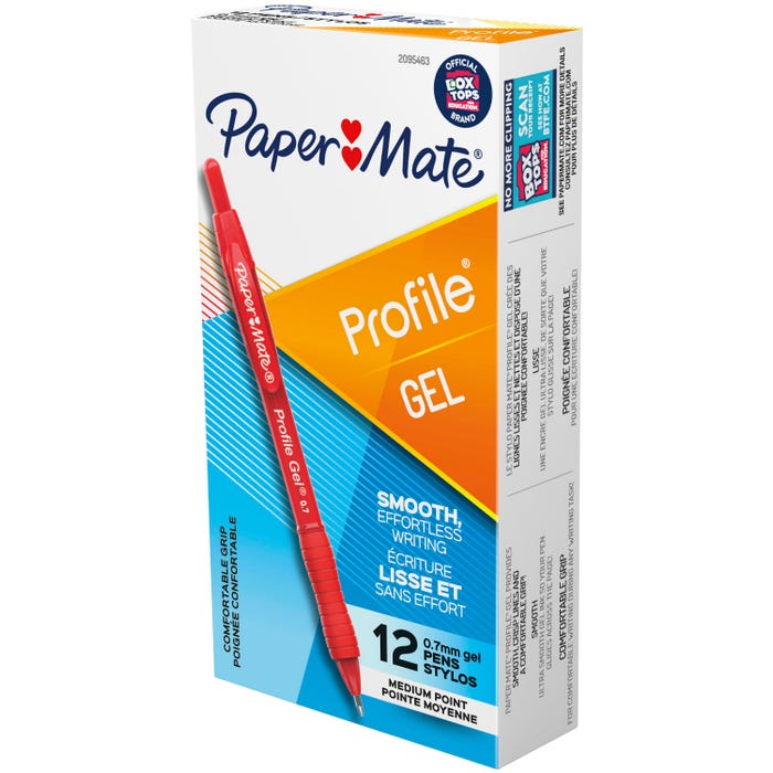 Paper Mate Profile Retractable Gel Pens, Medium Point, 0.7 mm, Red, Pack of 12