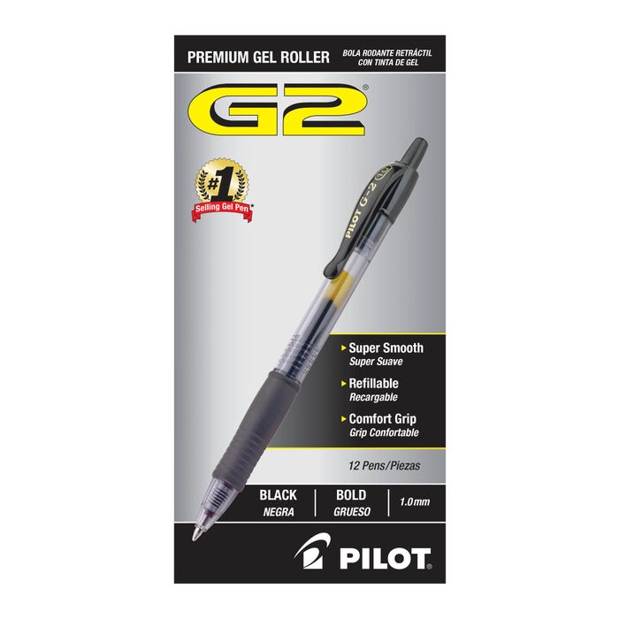 Pilot G2 Premium Retractable Gel Ink Rolling Ball Pen, Bold Point, Black Ink, Pack of 12