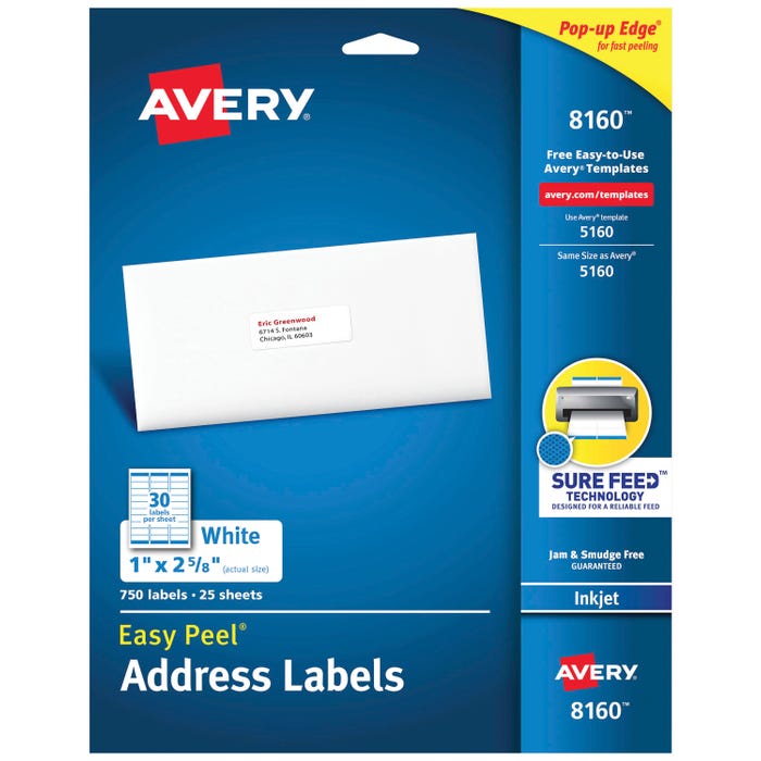 Avery Easy Peel Address Labels, Inkjet, 1 x 2-5/8 Inches, Pack of 750