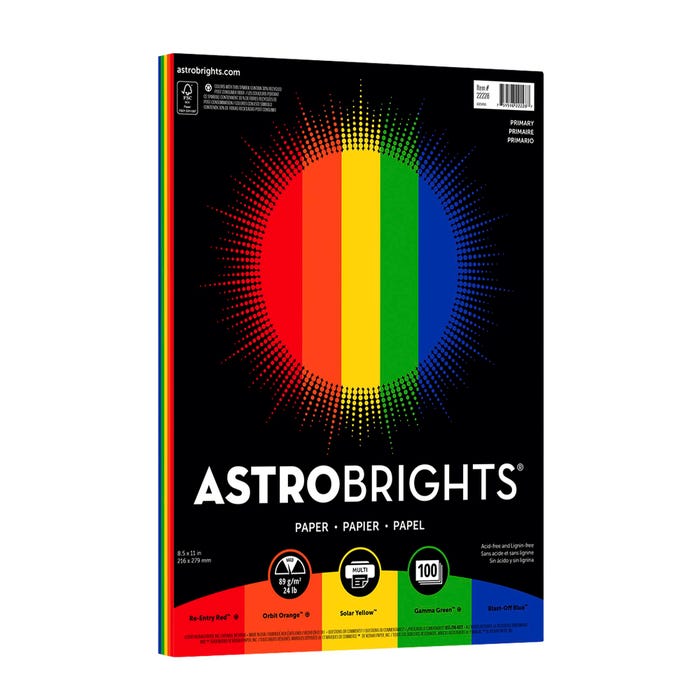 Astrobrights Colored Printer Paper, 24 lb, 8-1/2 x 11 Inches, Primary 5-Color Assortment, 100 Sheets
