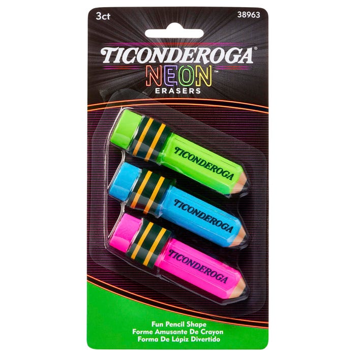 Ticonderoga Pencil-Shaped Erasers, Neon, Pack of 3