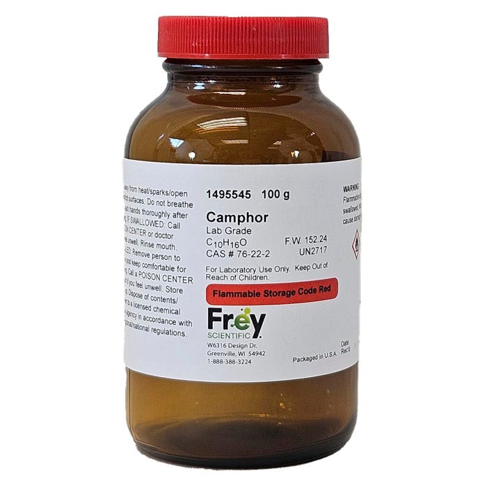 Frey Scientific Camphor, White, Lab Grade, 100 Grams