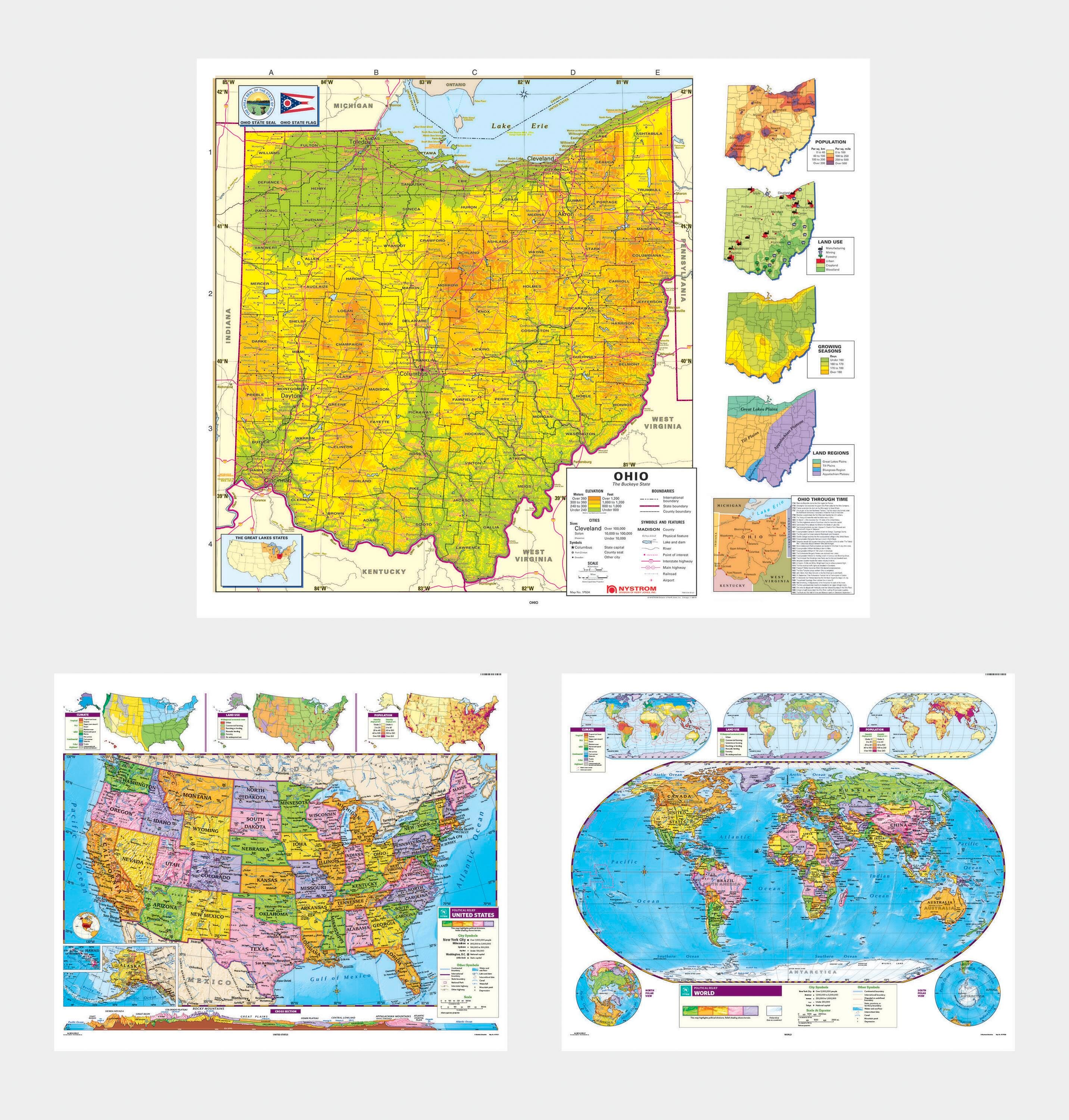 Social Studies OHIO/U.S./WORLD MAP COMBO, Markable, Erasable, Grades 4-12, Item Number 1566322
