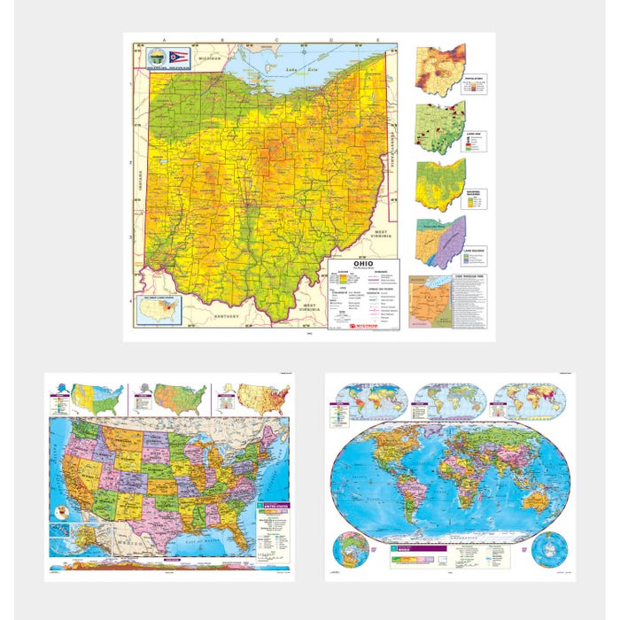 Social Studies OHIO/U.S./WORLD MAP COMBO, Markable, Erasable, Grades 4-12