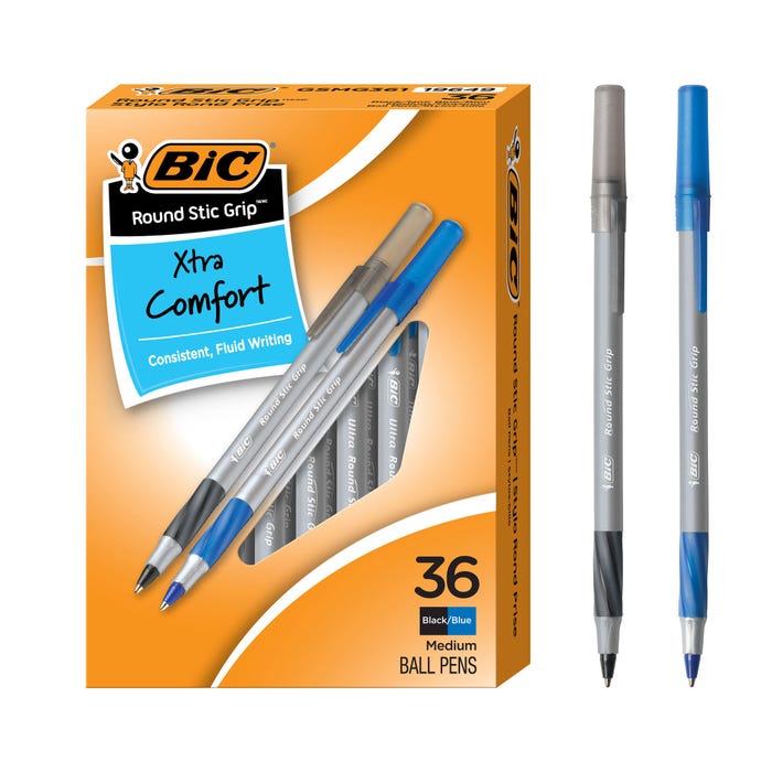 BIC Round Stic Xtra Comfort Ballpoint Pens, Medium Point, Black and Blue, Pack of 36