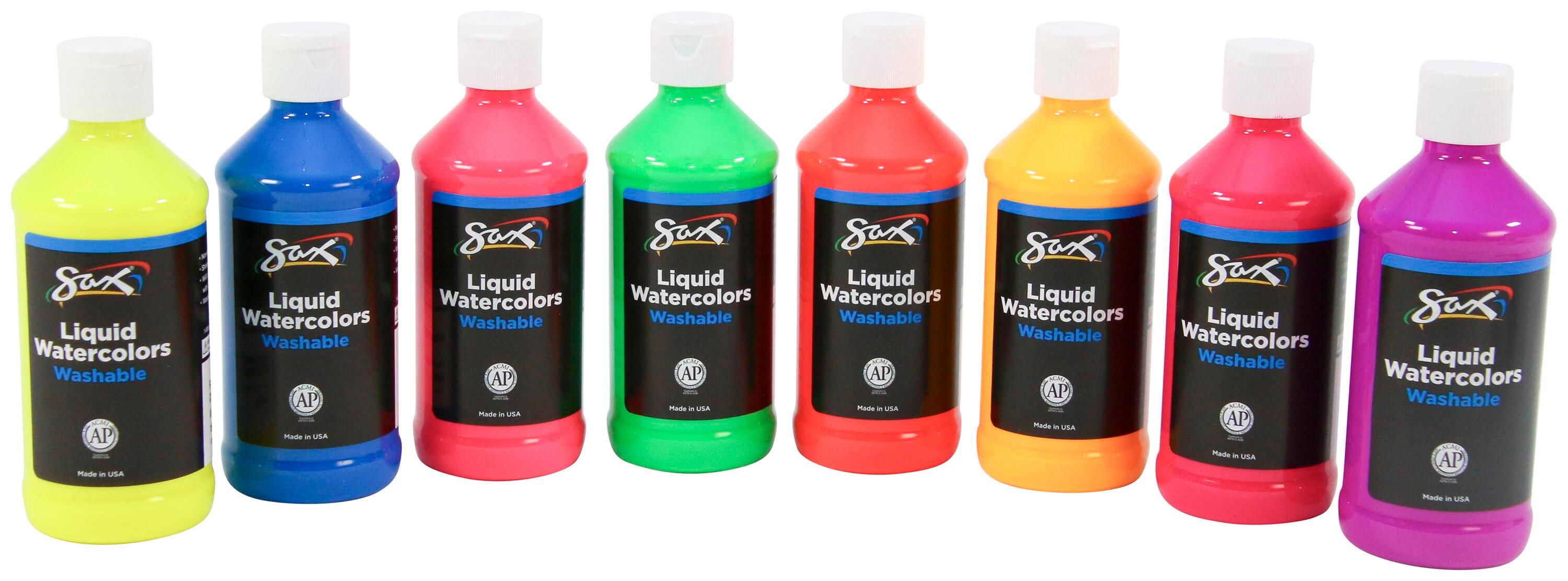 Sax Liquid Washable Watercolor Paints, 8 Ounces, Assorted Fluorescent Colors, Set of 8, Item Number 1567859
