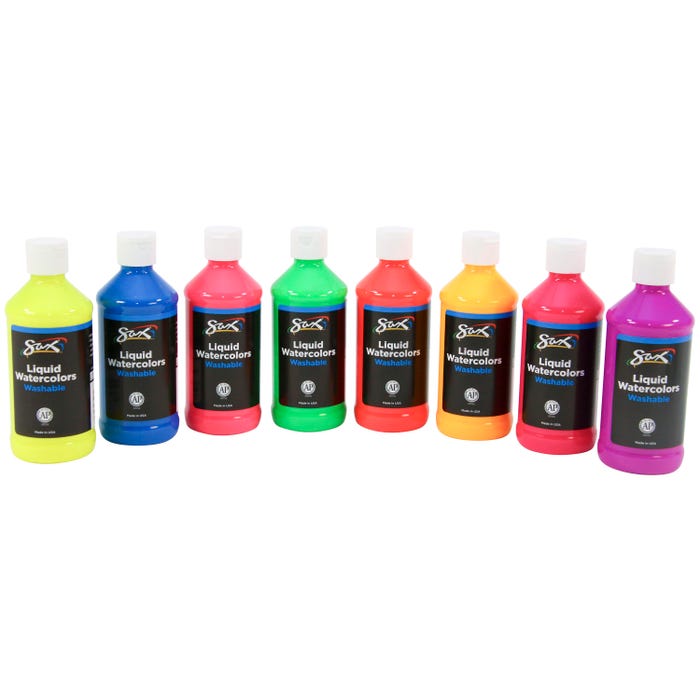 Sax Liquid Washable Watercolor Paint, 8 Ounces, Assorted Fluorescent Colors, Set of 8