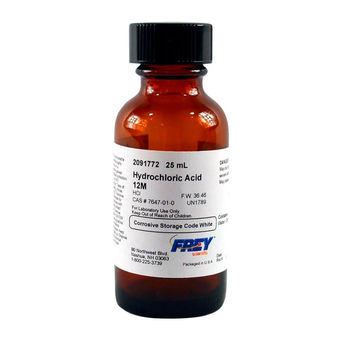 Frey Scientific Hydrochloric Acid, 12M Solution, Lab Grade, 25mL