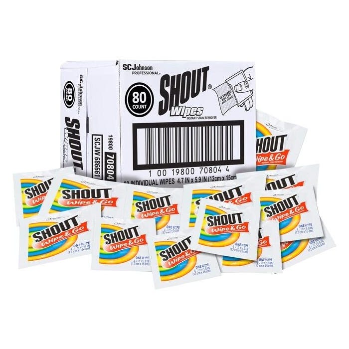Shout Professional Instant Stain Remover Wipes, Individually Wrapped, Case of 80 Wipes
