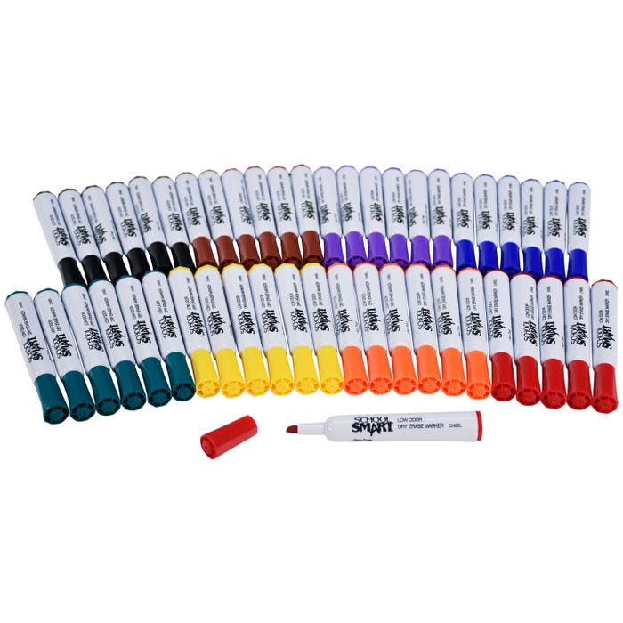 School Smart Dry Erase Markers, Chisel Tip, Low Odor, Assorted Colors, Pack of 48