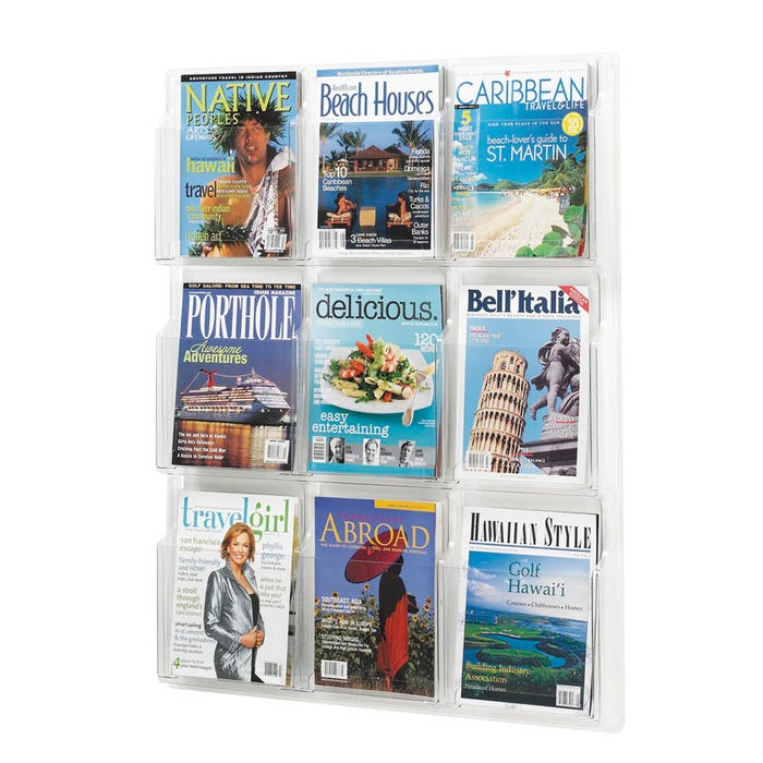 Safco Wall Mountable Reveal Magazine and Pamphlet Display with Mounting Hardware, 9 Magazine, 30 x 2 x 36-3/4 Inches, Clear