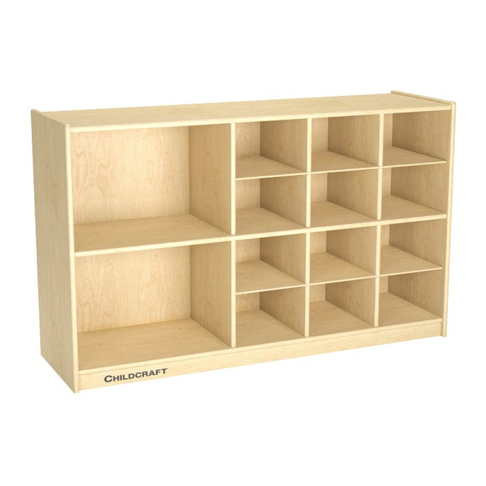 Childcraft Mobile Storage Unit, 14 Compartments, Wooden, 47-3/4 x 14-1/4 x 30 Inches
