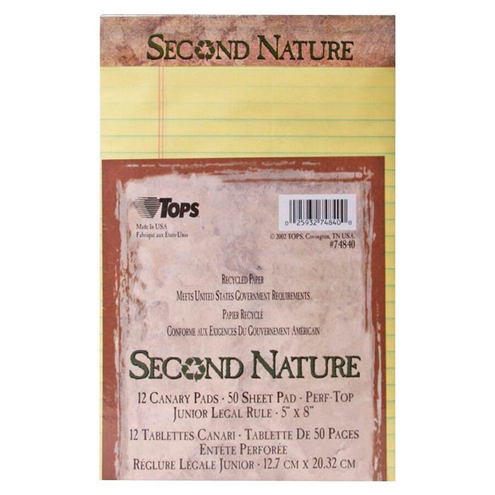 TOPS Second Nature Legal Pad, 5 x 8 Inches, Jr. Legal Ruled, Canary, 50 Sheets, Pack of 12
