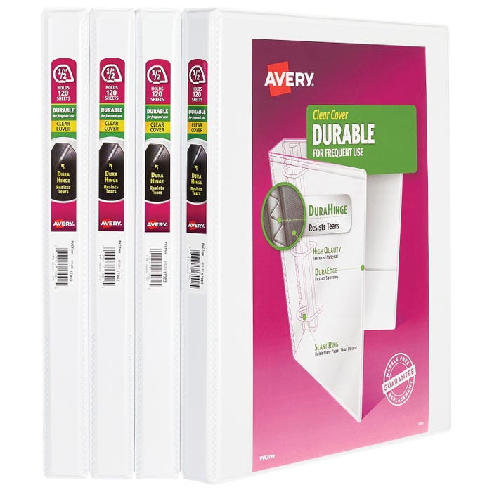 Avery Durable View Binder, 1/2 Inch Slant Ring, White, Pack of 4