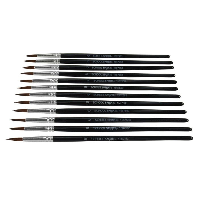 School Smart Watercolor Paint Brushes, Long Handle, Size 6, Set of 12