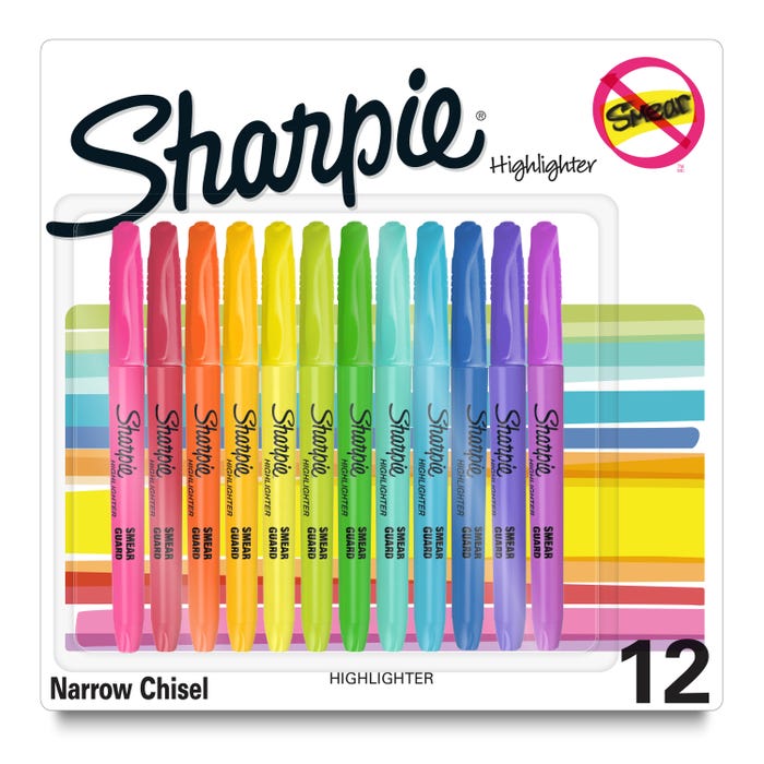 Sharpie Pocket Highlighters, Chisel Tip, Assorted Colors, Pack of 12