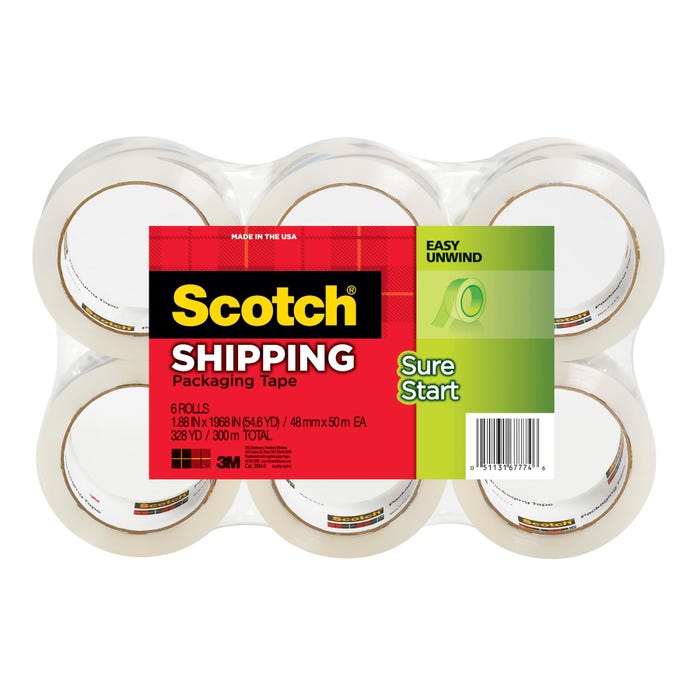 Scotch Sure Start Shipping Packaging Tape, 1.88 Inches x 54.6 Yards, Set of 6 Rolls