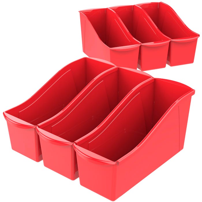 Storex Interlocking Book Bins, 14-1/4 x 5-1/4 x 7 Inches, Large, Red, Pack of 6