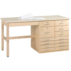 Diversified Woodcrafts Planning and Layout Bench with Drawers, 72 x 30 x 37 Inches, Almond Colored Plastic Laminate Top, Item Number 1399907