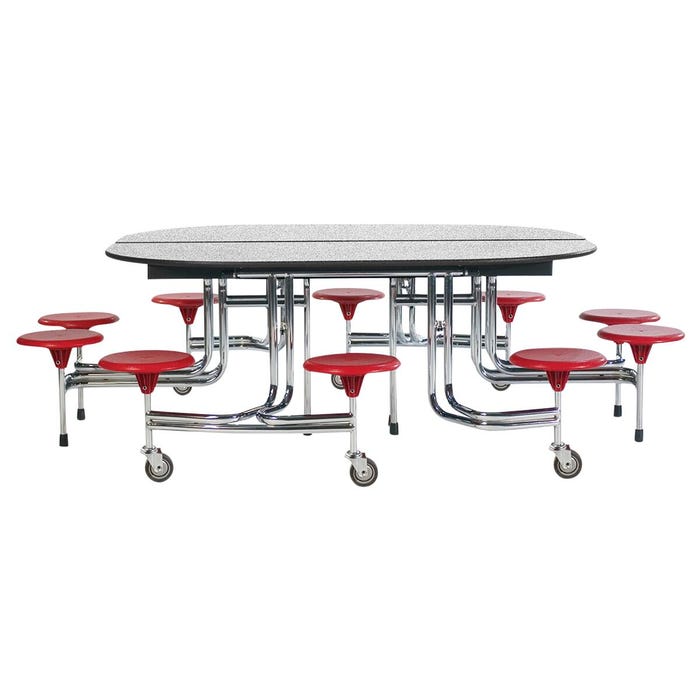 BioFit Cafeteria Table with Stools, 6 Foot Oval, 29 Inch Table Height, Graphite Nebula Top, Red Stool, Chrome Frame