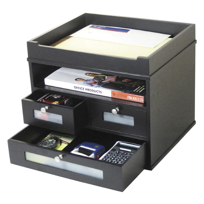 Victor Midnight Black Collection Tidy Tower Organizer, 12-3/4 X 10-5/8 X 10-7/8 in, Faux Leather, Wood, Black, Matte