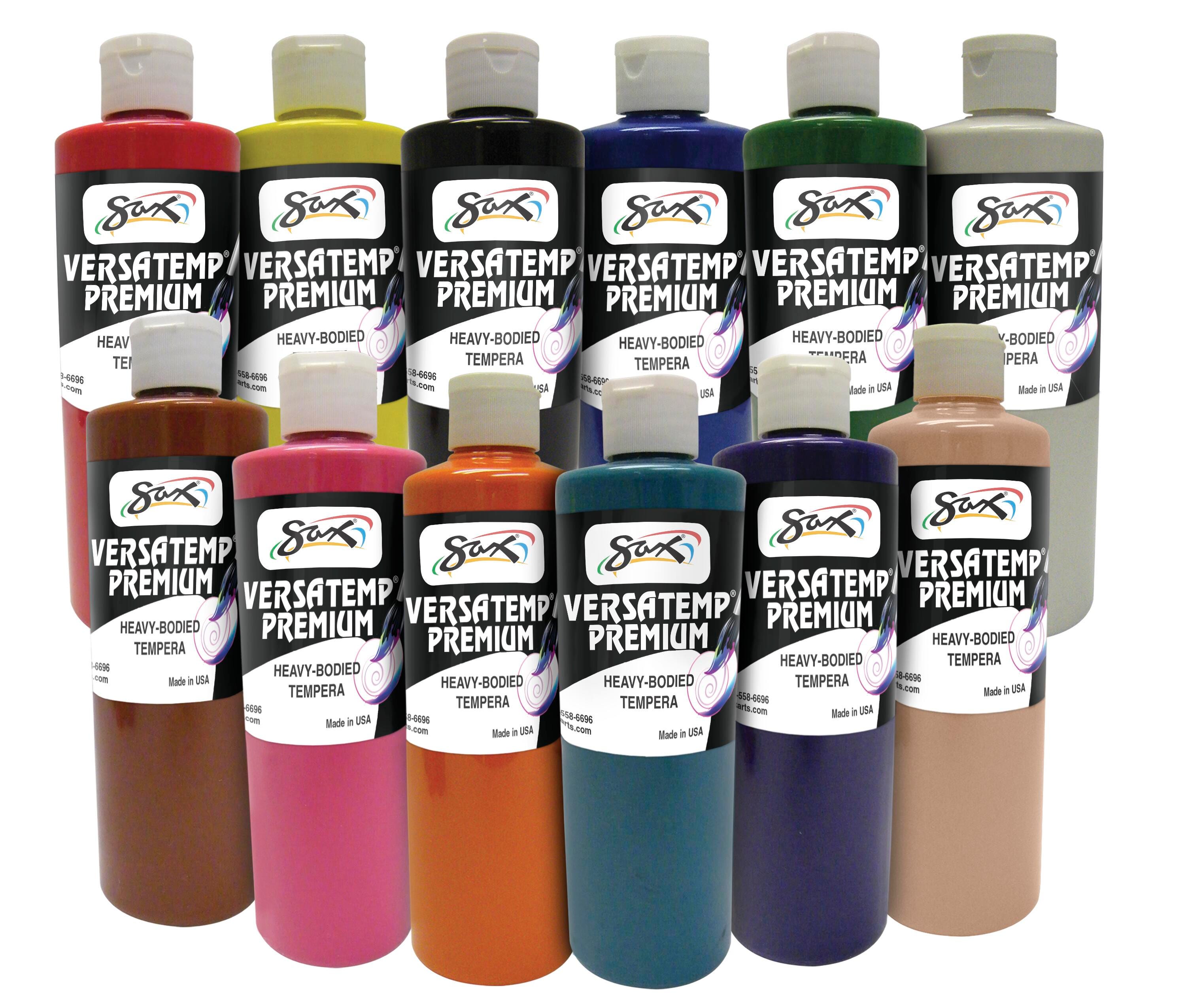 Sax Versatemp Premium Heavy-Bodied Tempera Paint, 1 Pint Bottles, Assorted Colors, Set of 12 Item Number 1592737