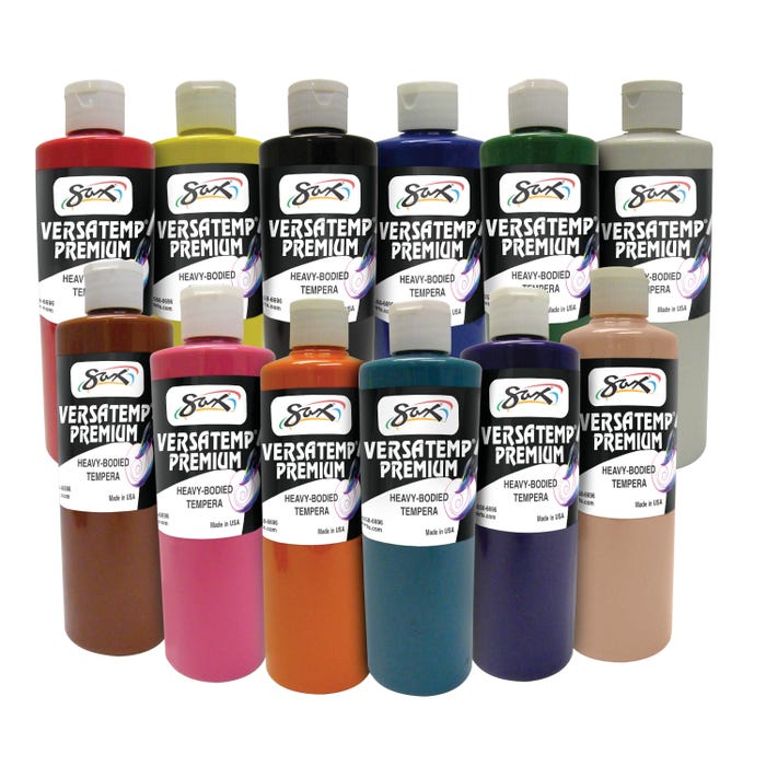 Sax Versatemp Premium Heavy-Bodied Tempera Paint, 1 Pint Bottles, Assorted Colors, Set of 12