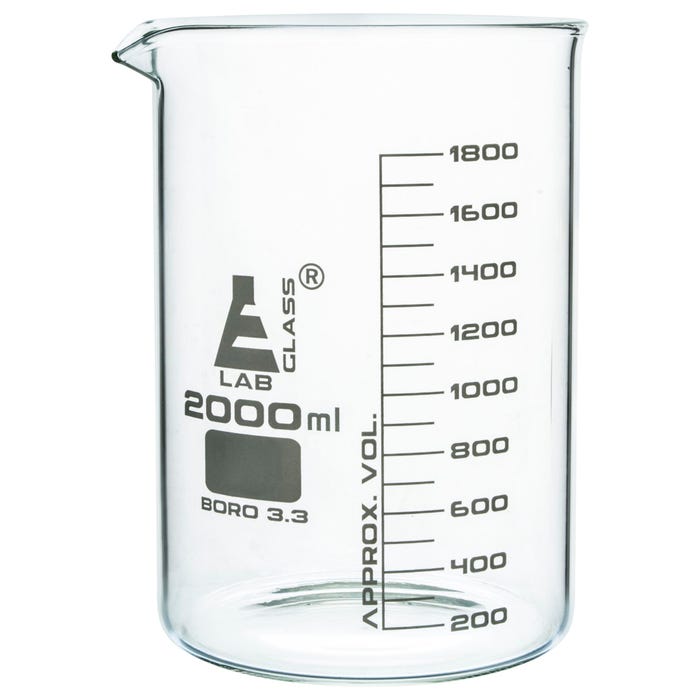 Eisco 2000mL Borosilicate Glass Beaker with Spout, Low Form