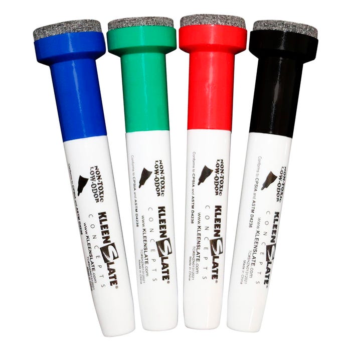 KleenSlate Large Round Tip Dry Erase Markers with Erasers, Assorted Colors, Set of 4