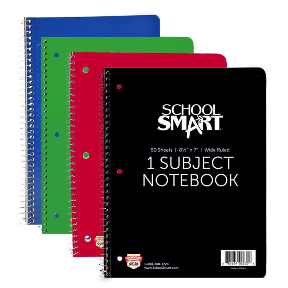 School Smart Spiral Non-Perforated 1 Subject Wide Ruled Notebook, 8-1/2 x 7 Inches 085317